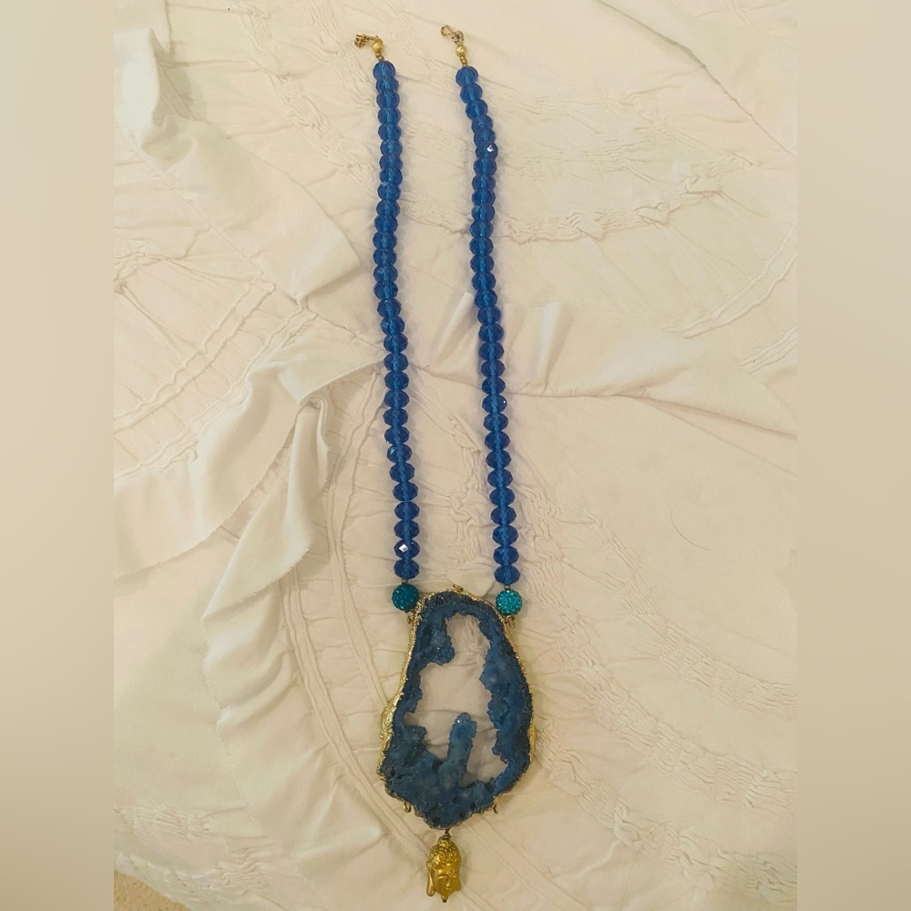 Royal Blue Beaded Long Necklace with big Gemstone Pendant